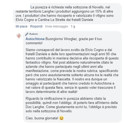 Risposta a commento su Pagina Facebook di Autochtona